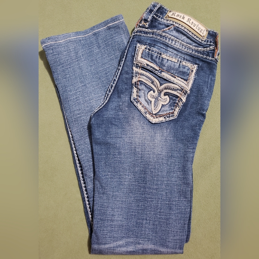 Rock Revival Peach Bud Distressed Embroidered Bootcut Jeans